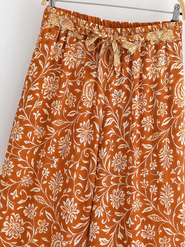 Vintage Chic Women Floral Print Wide Leg Bohemian Happie Pants Ladies Sashes Loose Rayon Boho Long Pant Oversize