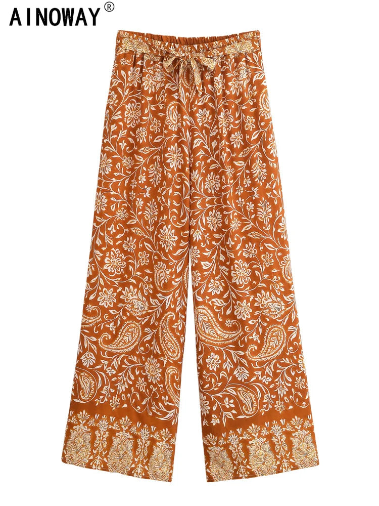 Vintage Chic Women Floral Print Wide Leg Bohemian Happie Pants Ladies Sashes Loose Rayon Boho Long Pant Oversize