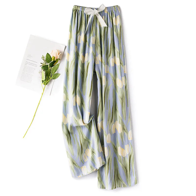 New Ladies Pants Viscose Pajama Sleep Bottoms Thin Loose Large Size Pants Women Pants Home Clothes Loungewear Floral Sleepwear