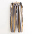 Striped Vintage Elastic High Waist Lace Up Cotton Linen Women's Pants Korean Fashion Wide Leg Ankle-Length Pants For Women 2025