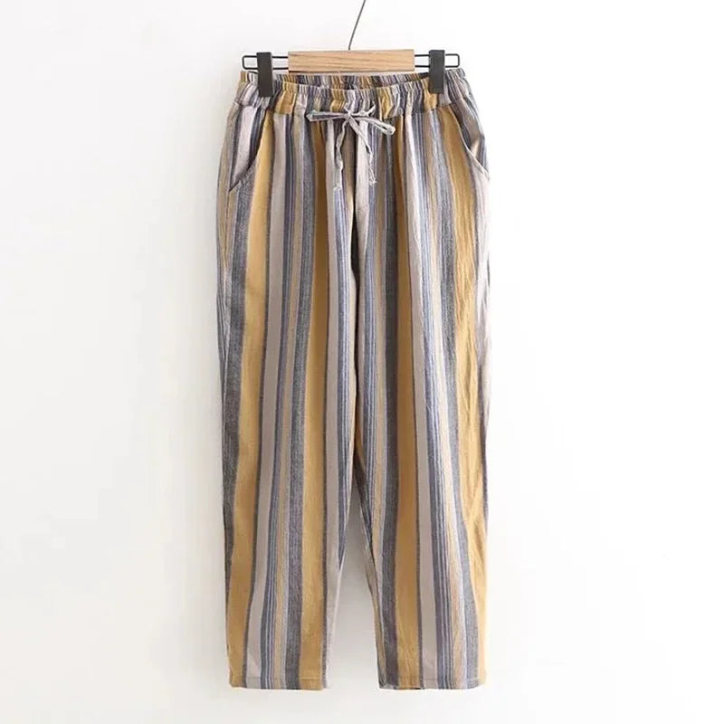 Striped Vintage Elastic High Waist Lace Up Cotton Linen Women's Pants Korean Fashion Wide Leg Ankle-Length Pants For Women 2025