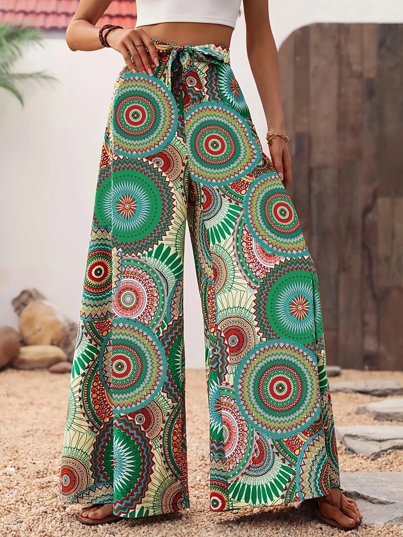 Women's casual vacation comfortable bohemian style printed elastic waist wide leg strap pants long pants