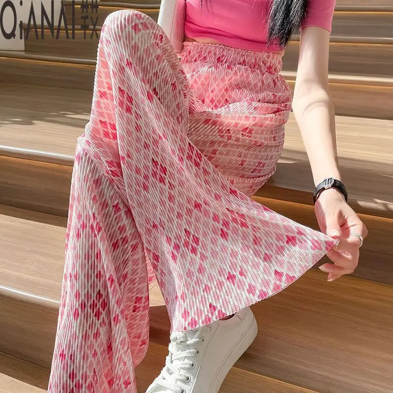 Ice Silk Women's Summer New Style Spliced Elasticized High-waisted Hanging Feeling Pleated Loose Casual Straight Leg Pants