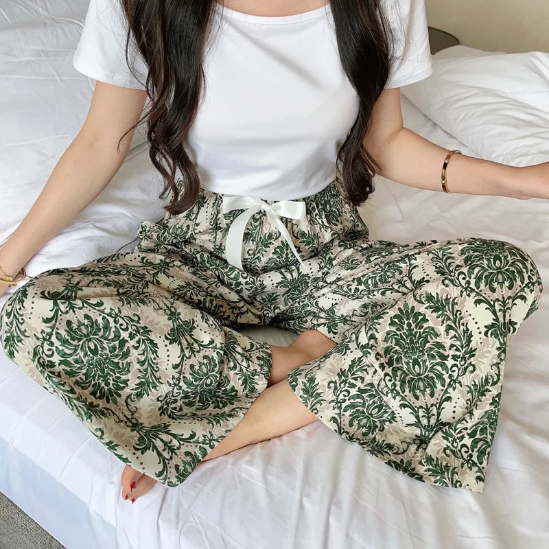 Loungewear Women Summer Pants Thin Bottoms Large Size Home Wear Pants Flower Print Loose Cute Trousers