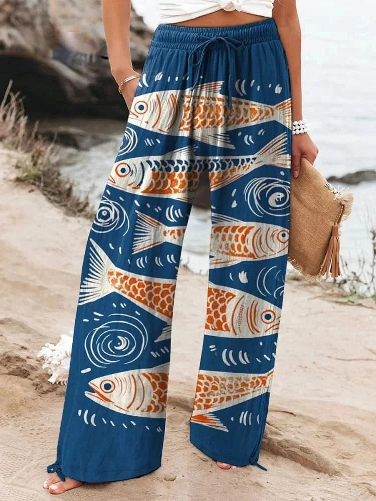 New Women's Drawstring Relaxed-Fit Casual Pants 3D Floral Print Comfortably Chic Wide-Leg Pants