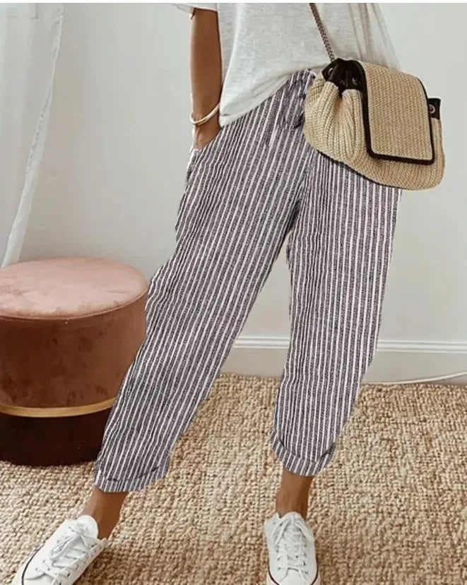 Women's Summer New Fashionable Loose Stripe Printed Elastic Waist Drawstring Casual Pants