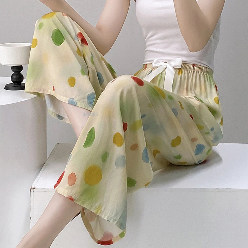 Loungewear Women Summer Pants Thin Bottoms Large Size Home Wear Pants Flower Print Loose Cute Trousers