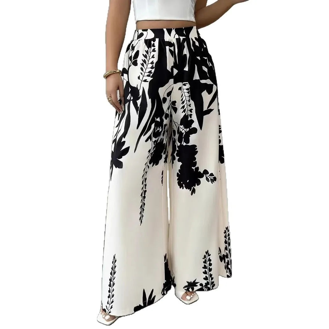Women's Tropical Print Wide-Leg Pants, Elastic Waist Design, Slim Fit for Casual Vacation Wear