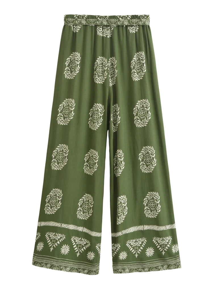 Boho Queens Women Floral Bohemian Wide Leg Holiday Pants with Pockets Lady Elastic Waist Loose Vacation Boho Pants Trousers