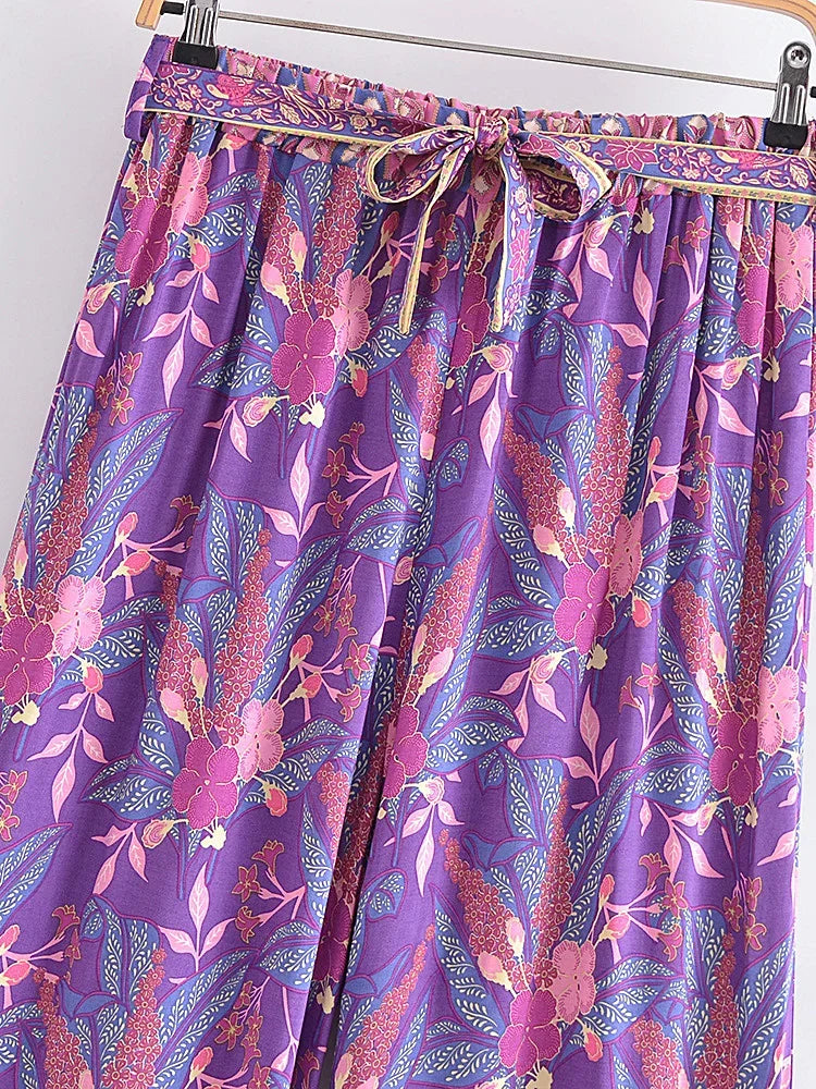 Boho Queens Autumn Women Purple Floral Print Bohemian Wide Leg Pants Lady Gothic Elastic Waist Loose Boho Pant Holiday Trousers