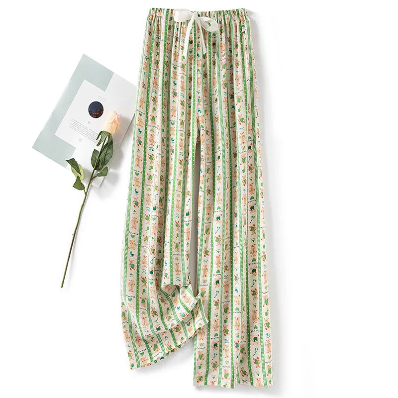 New Ladies Pants Viscose Pajama Sleep Bottoms Thin Loose Large Size Pants Women Pants Home Clothes Loungewear Floral Sleepwear