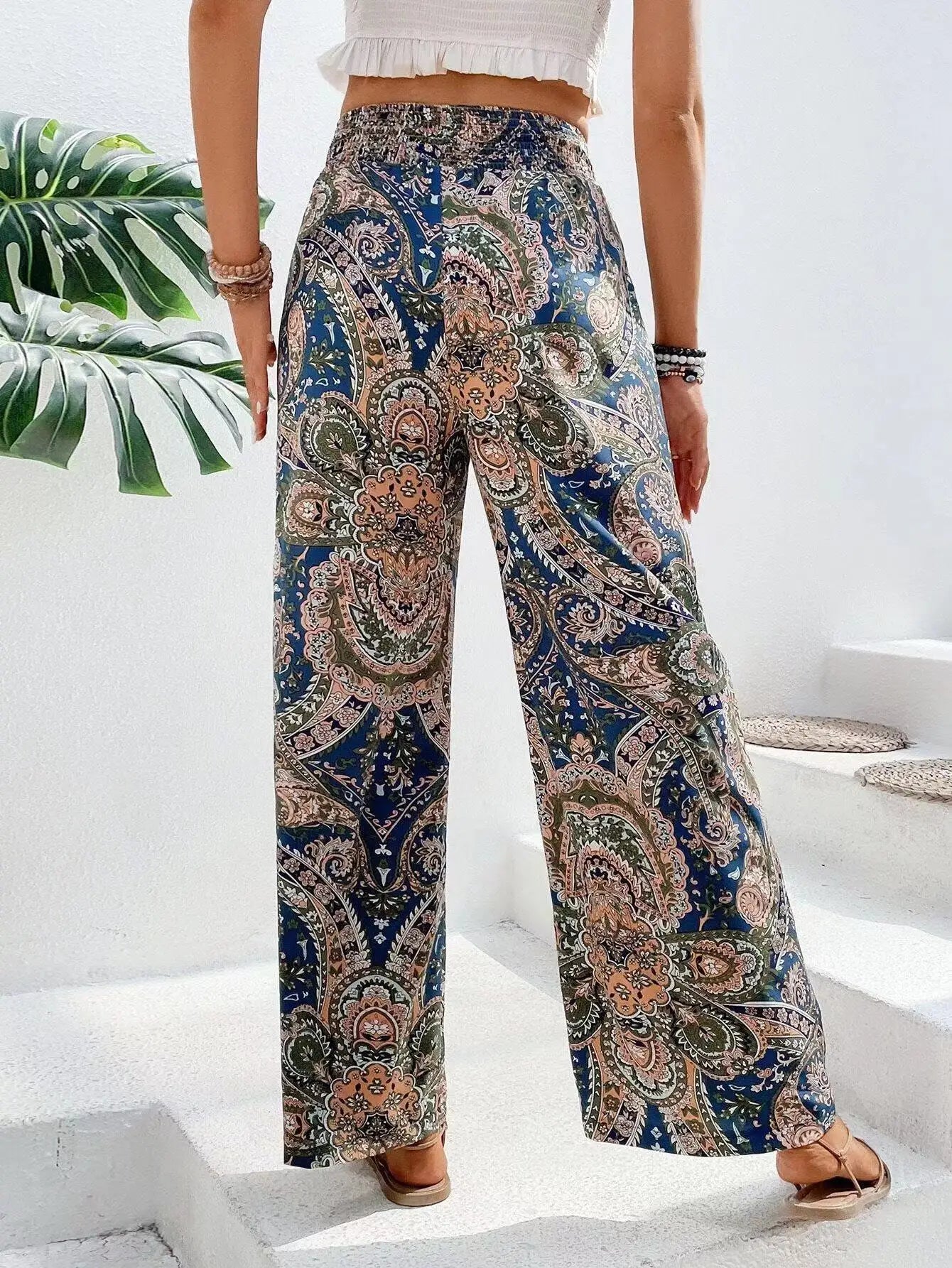 Fashion Vintage Print Wide-leg Pants Women Casual High-waisted Trouser Spring Summer  Ladies Clothes Loungewear
