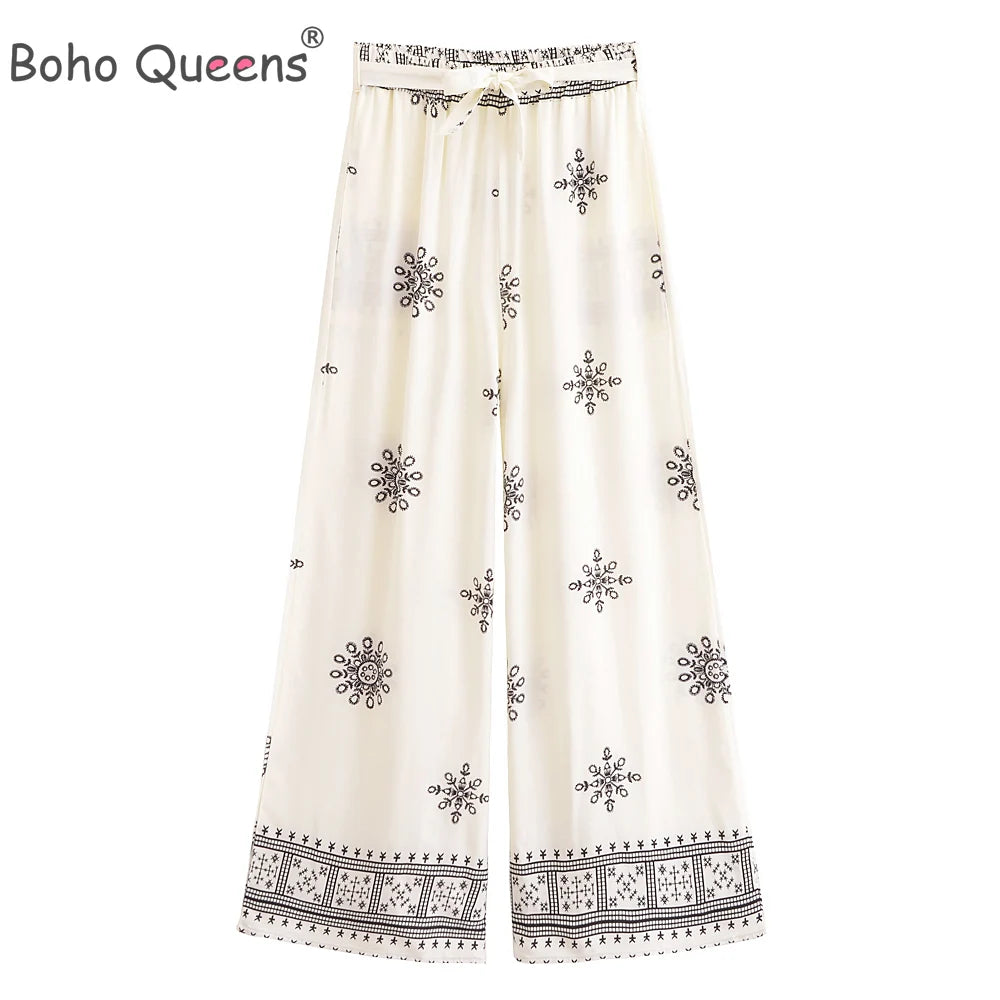 Boho Queens Women Floral Bohemian Wide Leg Holiday Pants with Pockets Lady Elastic Waist Loose Vacation Boho Pants Trousers