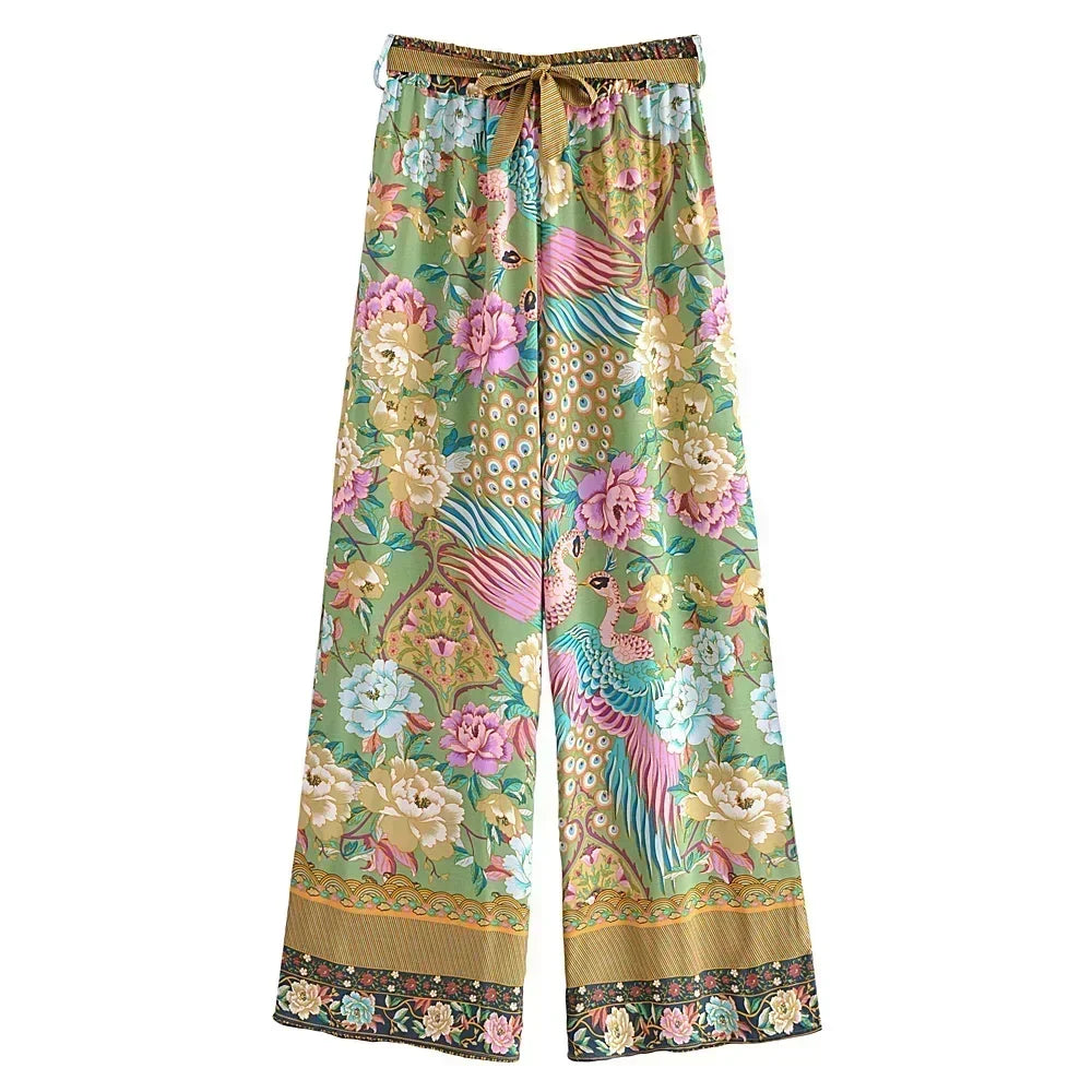 Women Peacock Floral Print Bohemian Wide Leg Pants Lady Elastic Waist Loose Rayon Boho Long Pant  Oversize Trousers
