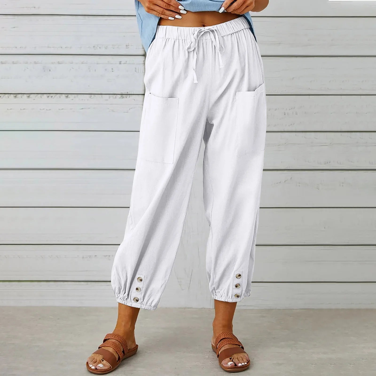 Cotton Linen Harem Pants Women Casual Elastic High Waist Lace Up Loose Ankle Trousers Vintage Harajuku Wide Leg Straight Pants