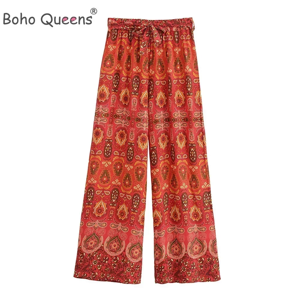 Boho Queens Women Red Floral Print Bohemian Wide Leg Pant Lady Gothic Elastic Waist Loose Rayon Long Boho Pants Casual Trousers