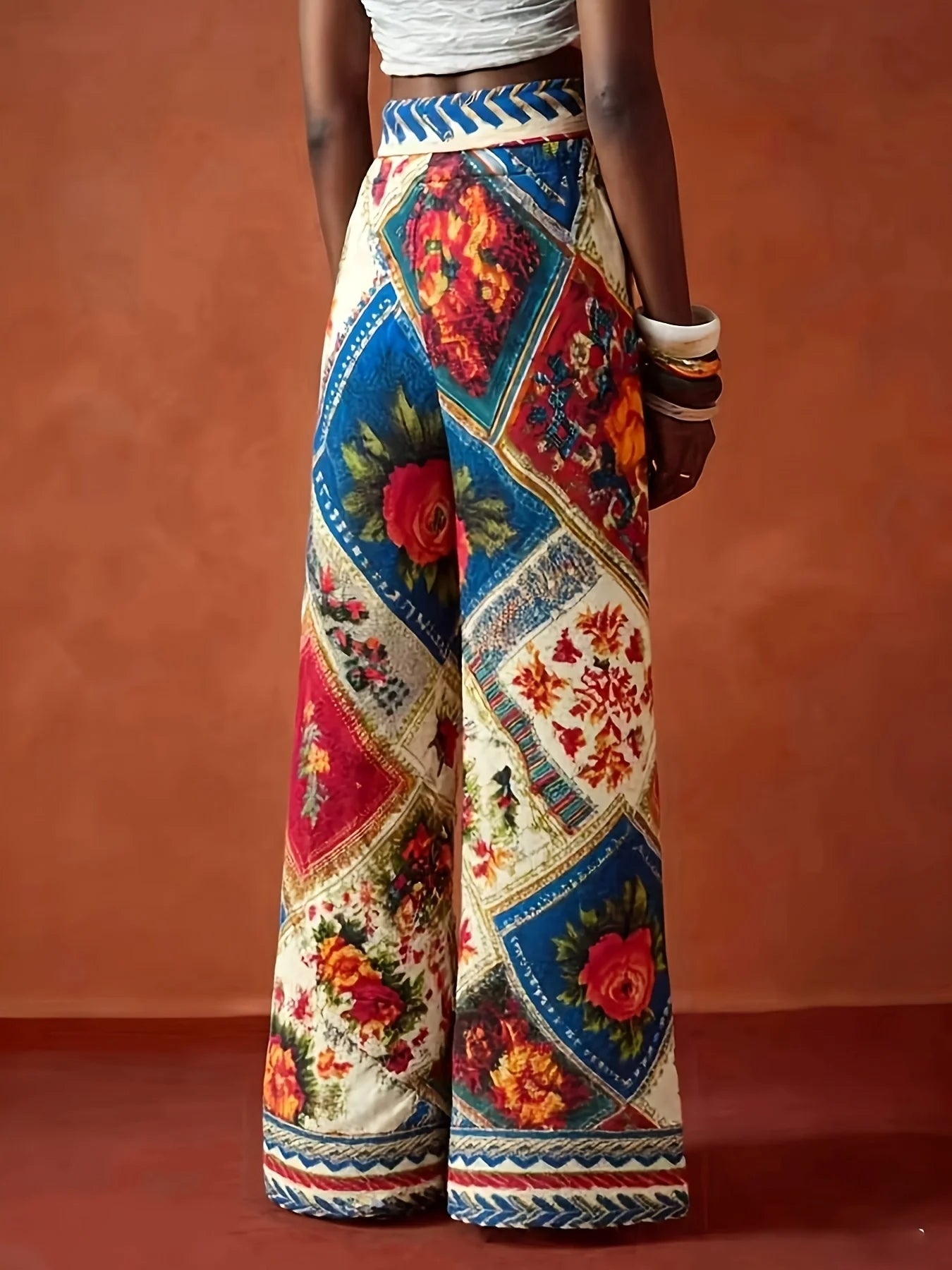 Ethnic Geometric Floral Print Wide-Leg Pants, High Waist & Draping Fabric, Bohemian Vacation Trousers