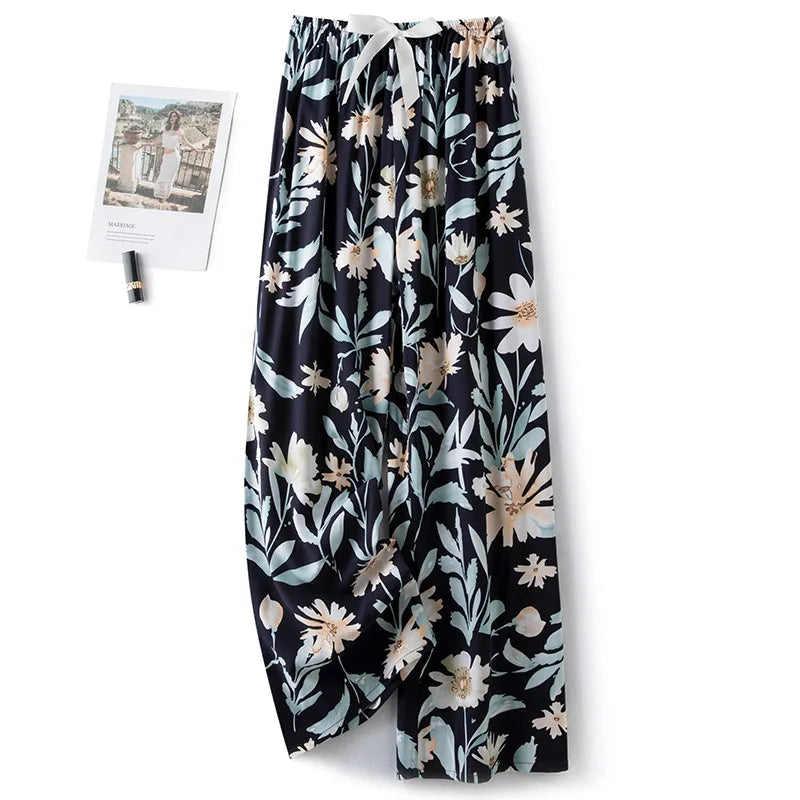 New Ladies Pants Viscose Pajama Sleep Bottoms Thin Loose Large Size Pants Women Pants Home Clothes Loungewear Floral Sleepwear
