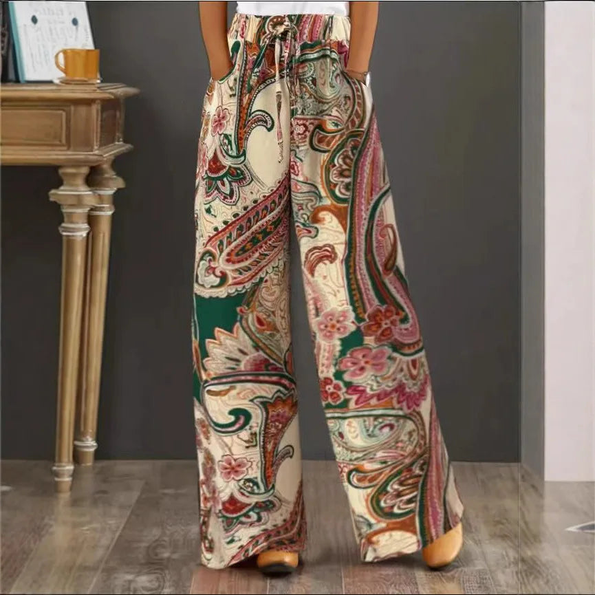 Fashionable Print Wide Leg Pants Women's Elastic Waist Fake Drawstring Comfortable Casual Trousers Autumn Season Polyester Fa...