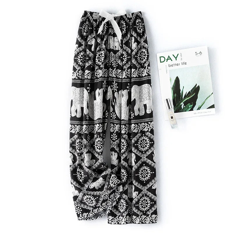 New Ladies Pants Viscose Pajama Sleep Bottoms Thin Loose Large Size Pants Women Pants Home Clothes Loungewear Floral Sleepwear