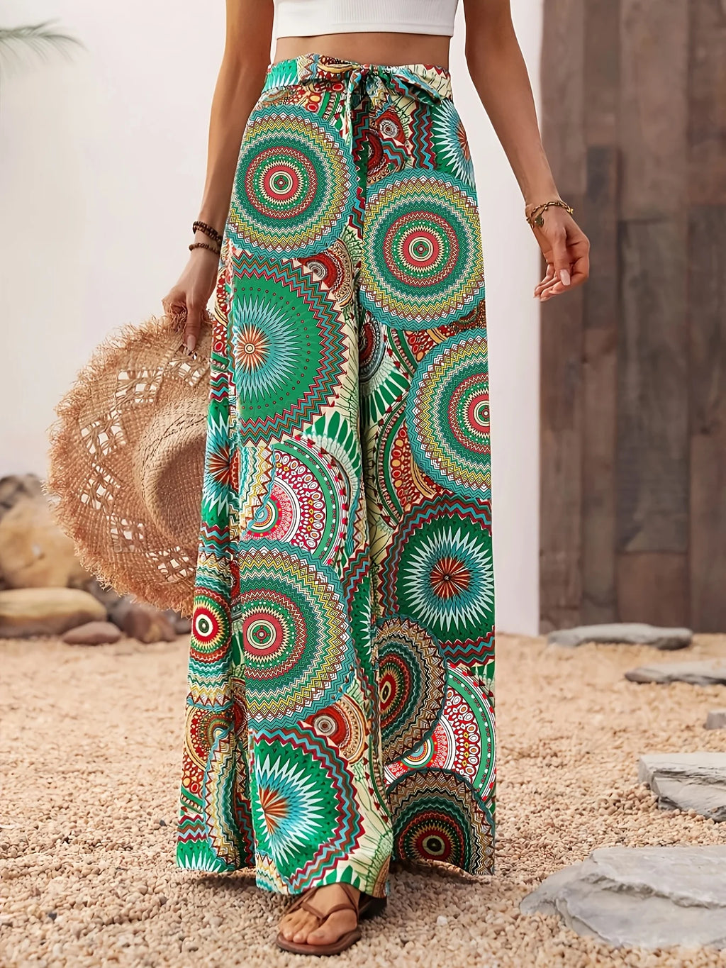 Women's casual vacation comfortable bohemian style printed elastic waist wide leg strap pants long pants