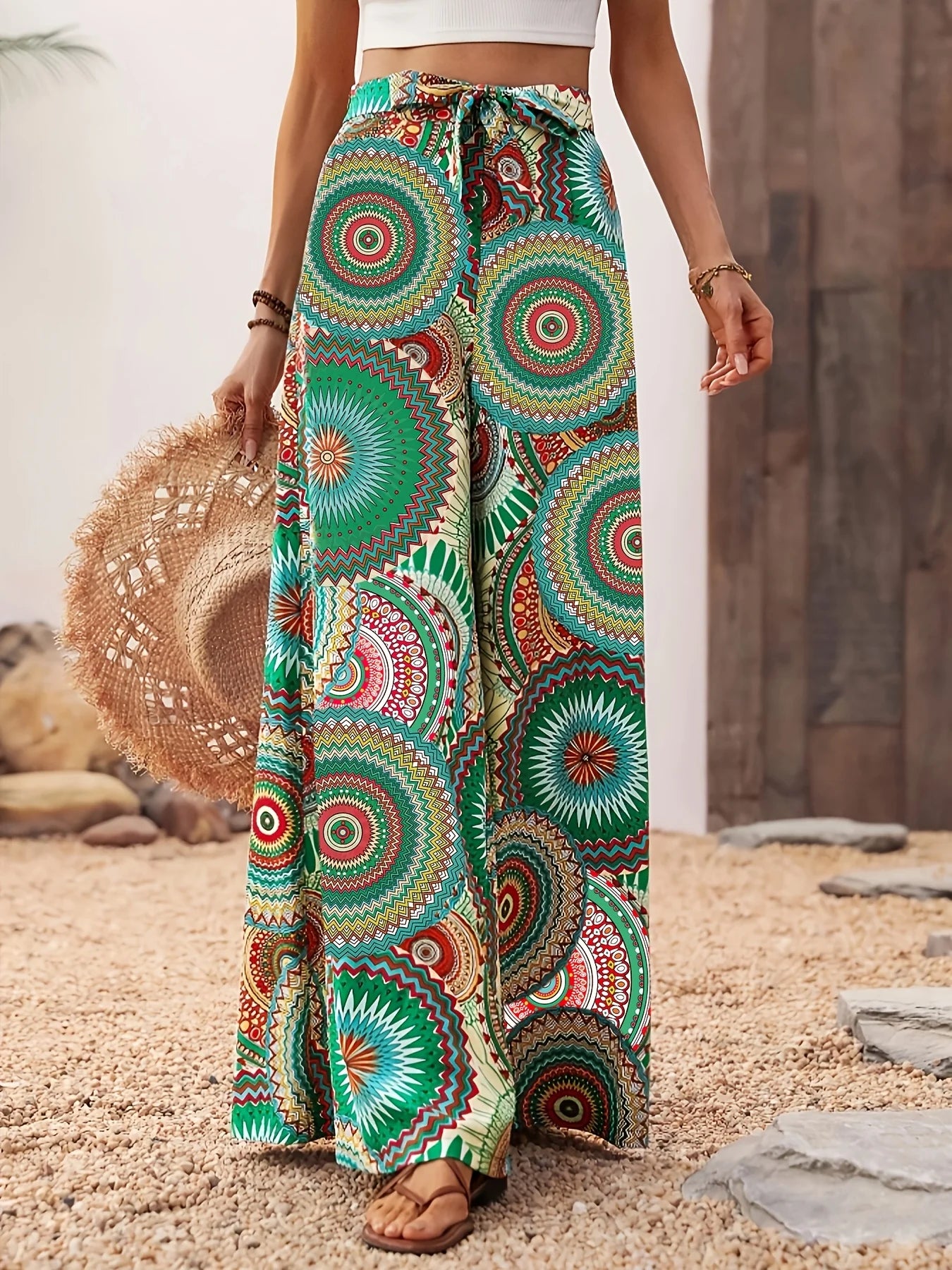 Women's casual vacation comfortable bohemian style printed elastic waist wide leg strap pants long pants