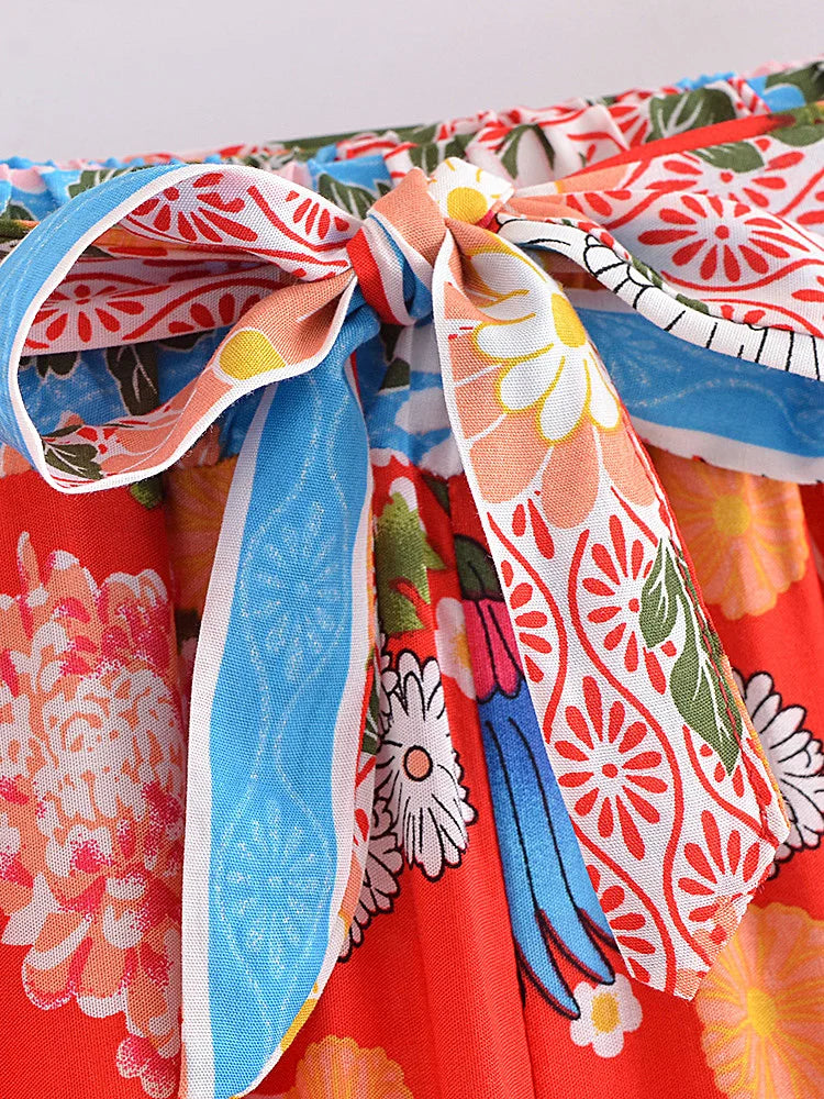 Happie Queens Women Floral Print Bohemian Wide Leg Pants Lady Elastic Waist Loose Rayon Boho Long Pants Beach Casual Trousers