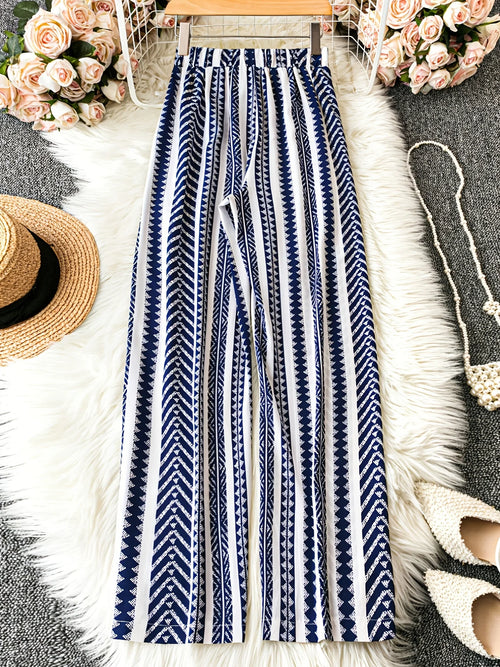 Bohemian style casual elegant printed elastic high waisted slimming women's loose wide leg beach pants long pants