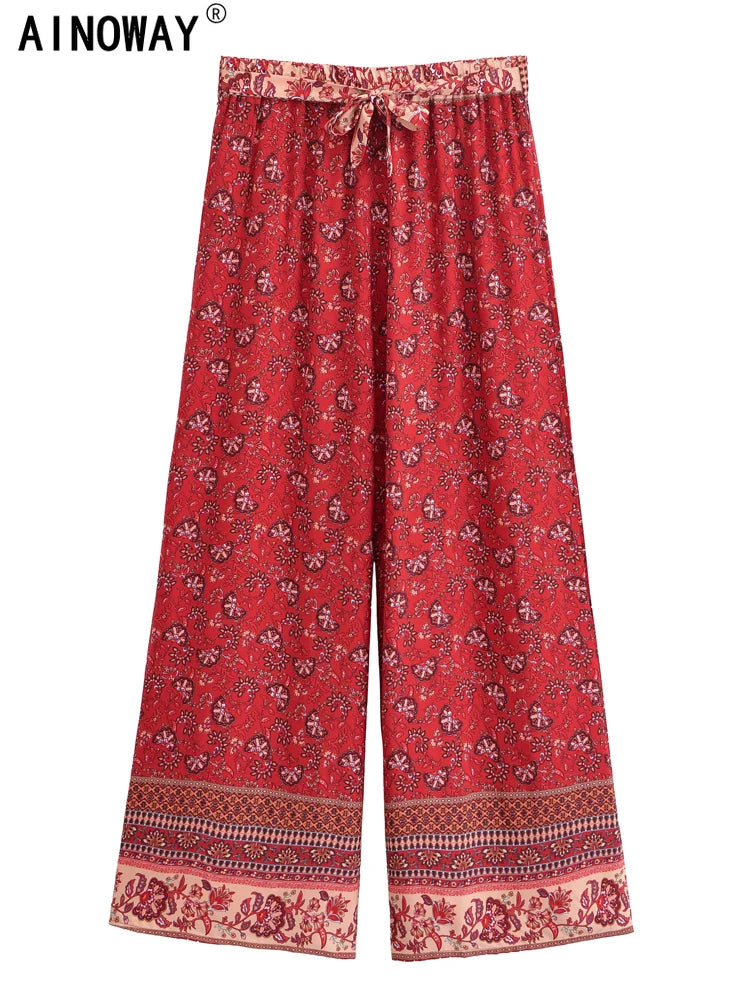 Vintage Chic Women Red Floral Bohemian Wide Leg Pants Lady Elastic Waist Loose Vacation Boho Long Pants Oversize Trousers