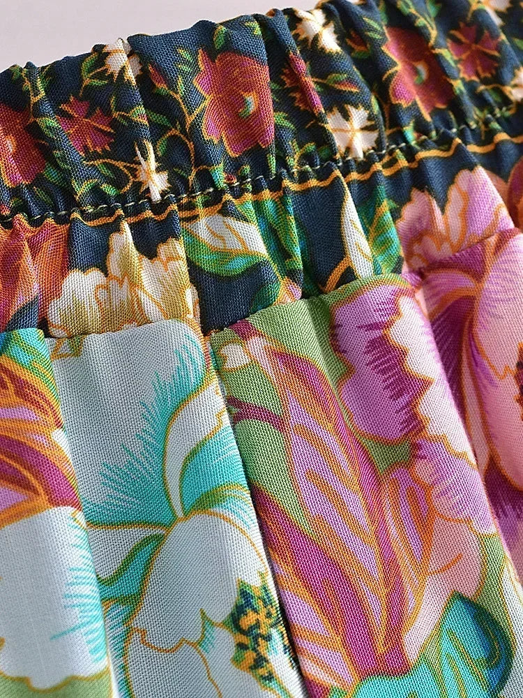 Women Peacock Floral Print Bohemian Wide Leg Pants Lady Elastic Waist Loose Rayon Boho Long Pant  Oversize Trousers