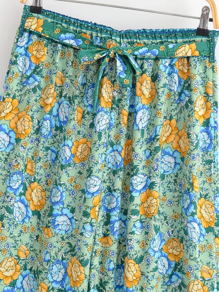 Happie Queens Women Floral Print Bohemian Wide Leg Pants Lady Elastic Waist Loose Rayon Boho Long Pants Beach Casual Trousers