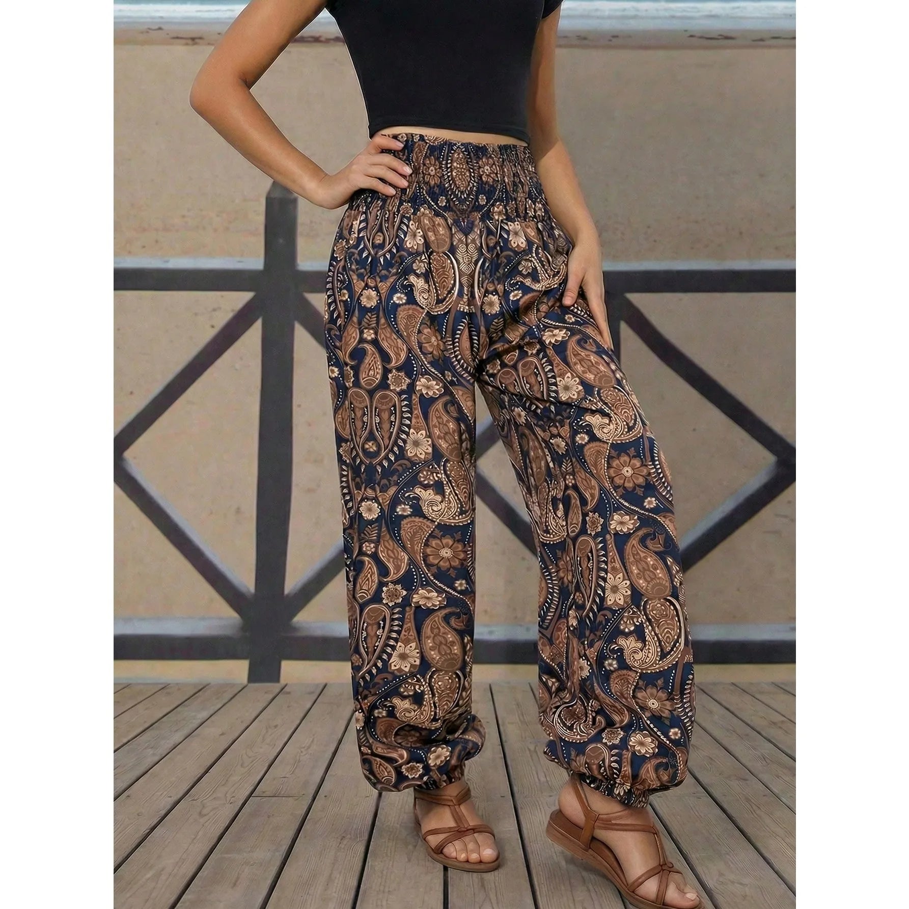 Women's Paisley Print High Waist Harem Pants Loose Casual Beach Palazzo Pants Elastic Cuff Lounge Pants for Summer Vacation