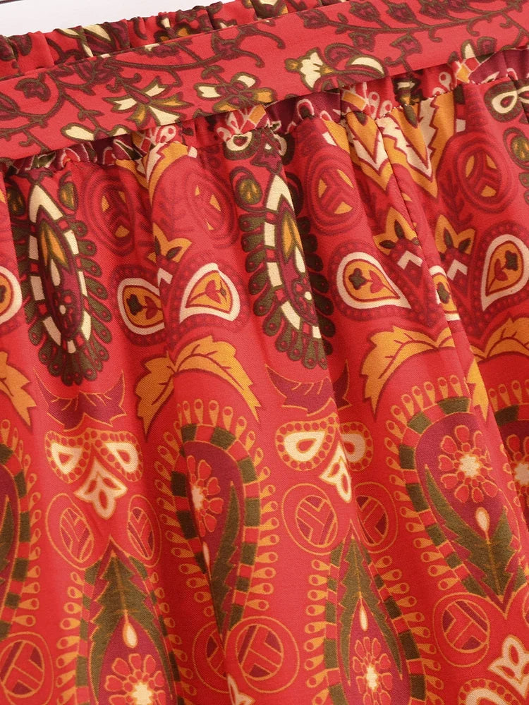 Boho Queens Women Red Floral Print Bohemian Wide Leg Pant Lady Gothic Elastic Waist Loose Rayon Long Boho Pants Casual Trousers