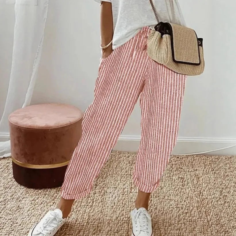 Women's Summer New Loose Stripe Printed Elastic Waist Drawstring Casual Pants