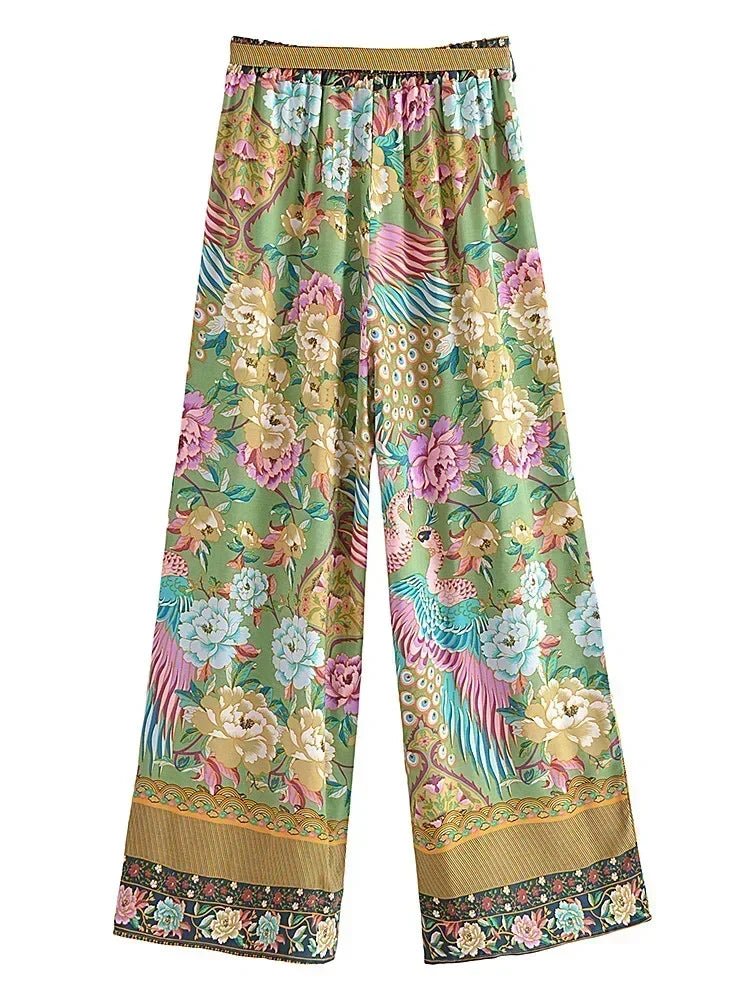 Women Peacock Floral Print Bohemian Wide Leg Pants Lady Elastic Waist Loose Rayon Boho Long Pant  Oversize Trousers