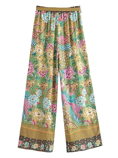 Boho Queens Women Peacock Floral Print Bohemian Wide Leg Pants Lady Elastic Waist Loose Rayon Boho Long Pant  Oversize Trousers