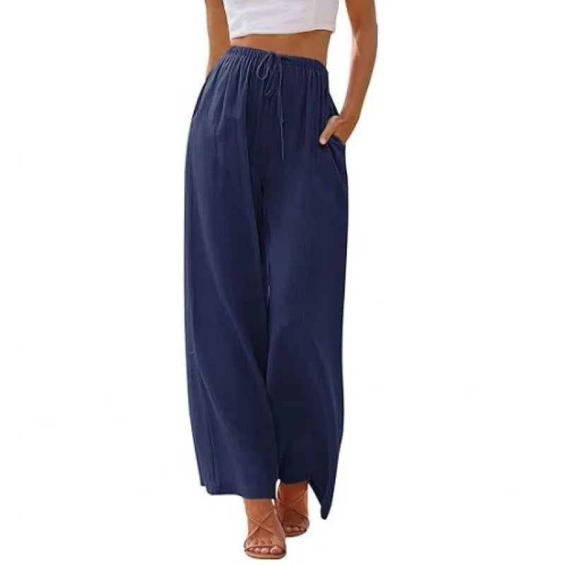 Women's Summer Linen Wide Leg Pants High Waist Elastic Drawstring Casual Loose Palazzo Trousers with Pockets
