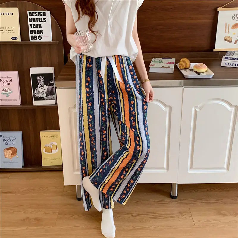 Summer Sleeping Pants Women Thin Bottoms Spring Large Size Home Wear Pants Pajamas Flower Print Loose Cute Beach Trousers
