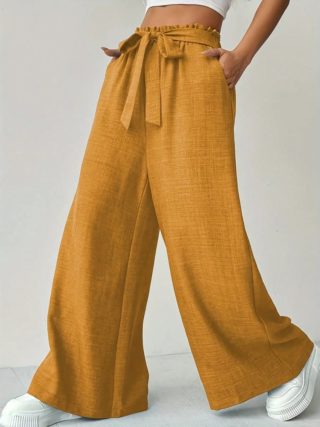 Fashionable comfortable summer versatile solid color high waist slim fit wide leg pants, long pants, women's clothing
