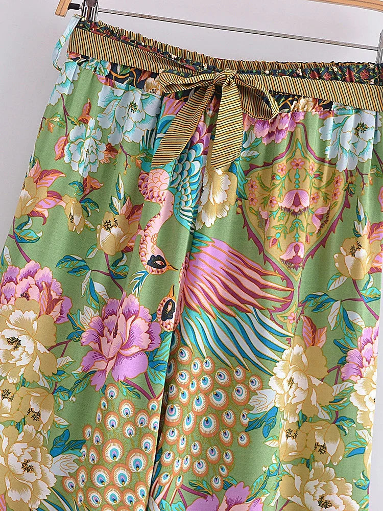 Women Peacock Floral Print Bohemian Wide Leg Pants Lady Elastic Waist Loose Rayon Boho Long Pant  Oversize Trousers