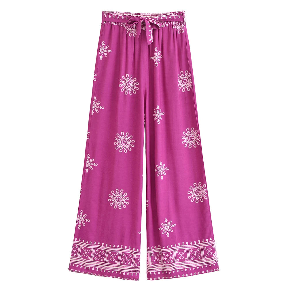 Boho Queens Women Floral Bohemian Wide Leg Holiday Pants with Pockets Lady Elastic Waist Loose Vacation Boho Pants Trousers