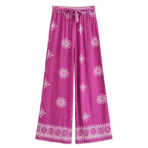Boho Queens Women Floral Bohemian Wide Leg Holiday Pants with Pockets Lady Elastic Waist Loose Vacation Boho Pants Trousers