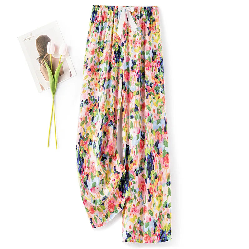 Women Casual Autumn Wide Leg Pants Floral Beach Trousers High Waist Boho Ethnic Style Calf Pants Four Season Girls Home Clothes