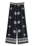 Vintage Chic Women Purple Floral Bohemian Wide Leg Pants with Pockets Lady Elastic Waist Loose Vacation Boho Pant Trousers