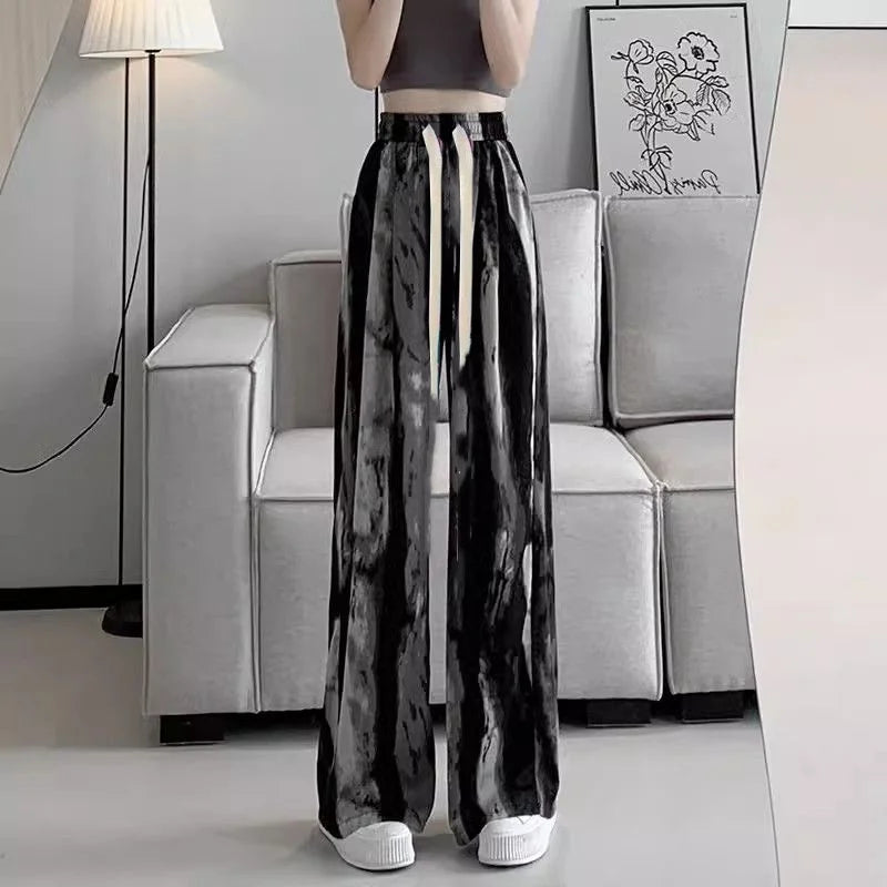Summer Women's Ice Silk Wide Leg Pants Narrow Straight Casual Cool Pants Sunscreen Mosquito Proof High Waist Long Trousers