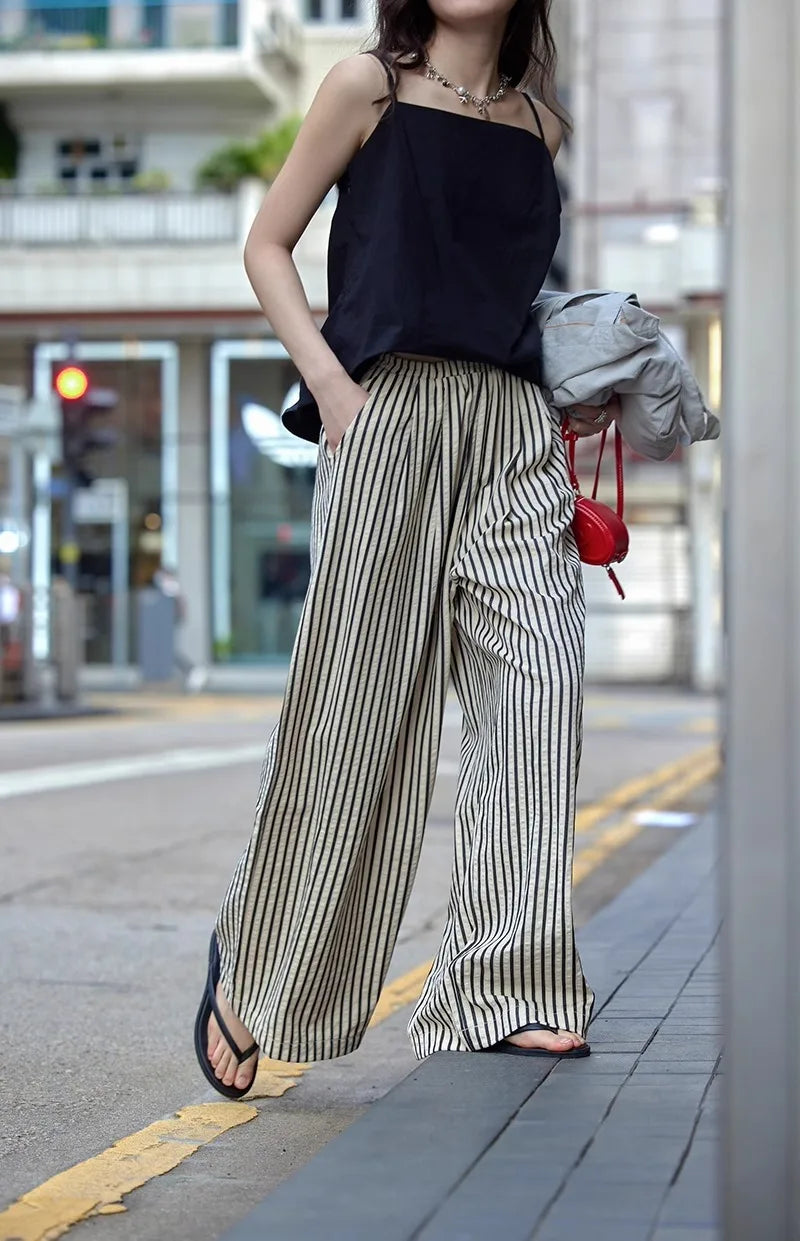 American Style Retro Vertical Stripe Drawstring Wide Leg Pants High Waist Dipping Loose Straight Casual Pants