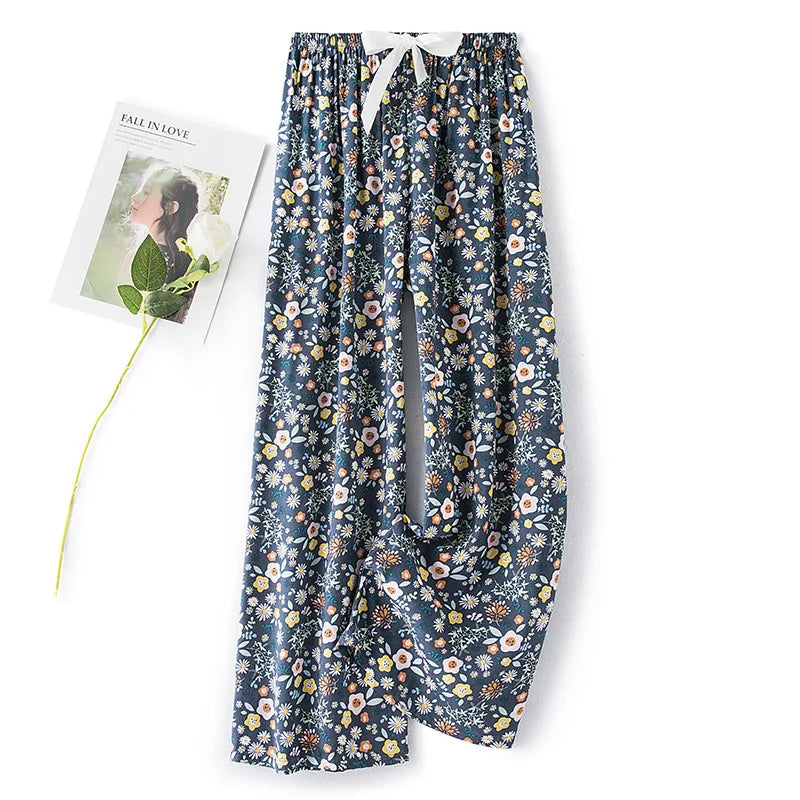 New Ladies Pants Viscose Pajama Sleep Bottoms Thin Loose Large Size Pants Women Pants Home Clothes Loungewear Floral Sleepwear