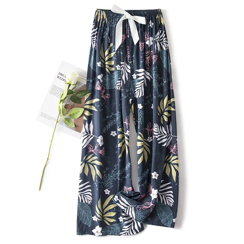New Ladies Pants Viscose Pajama Sleep Bottoms Thin Loose Large Size Pants Women Pants Home Clothes Loungewear Floral Sleepwear