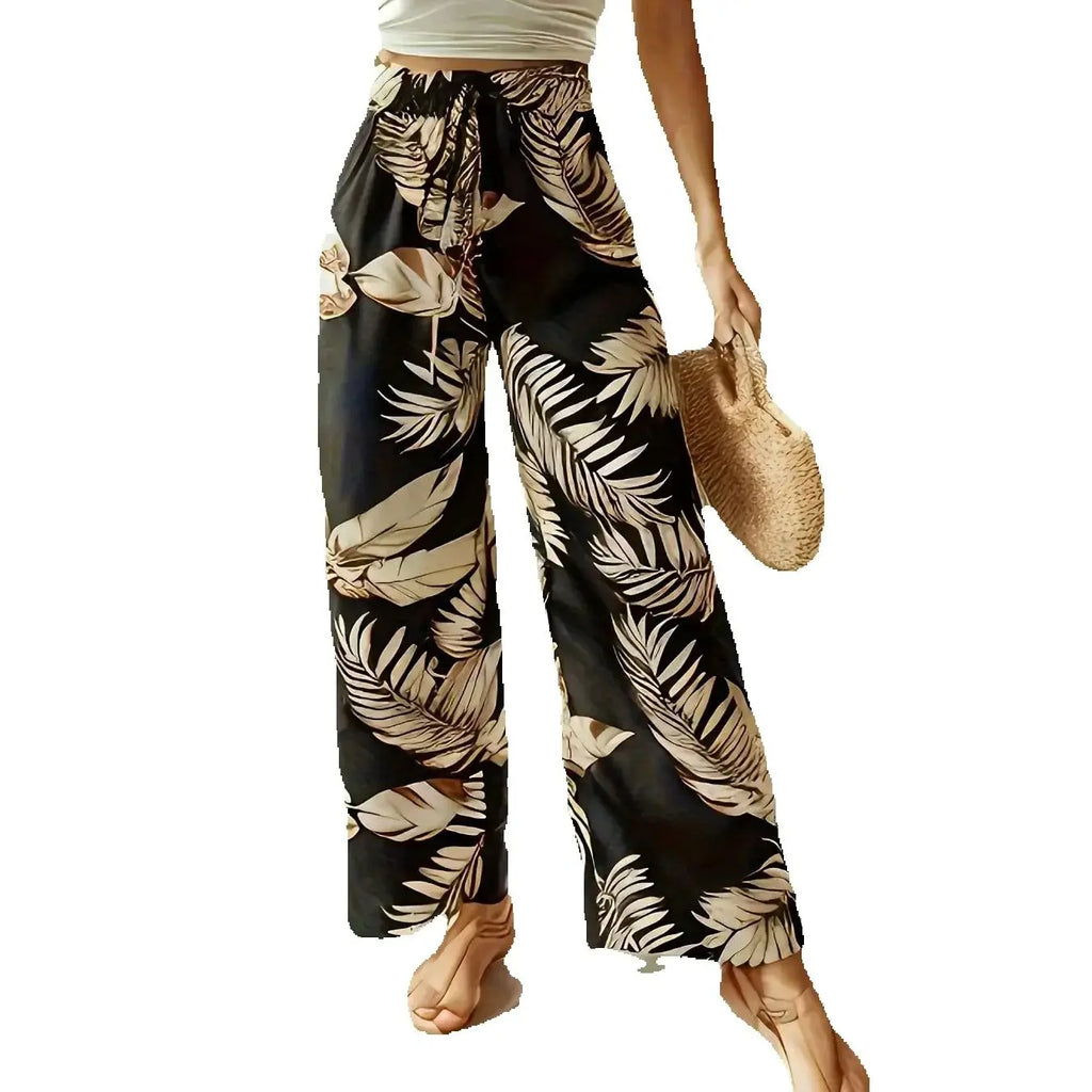 Women's Casual Elegant Bohemian Style - Loose Comfortable Leaf Printed Wide Leg Elastic Waist Wide Leg Pants