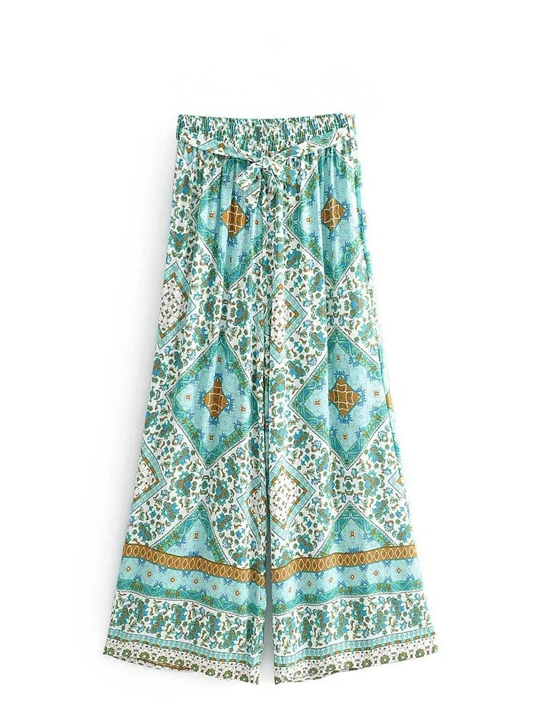 Boho Queens Women Green Floral Print Bohemian Wide Leg Pants Lady Elastic Waist Loose Rayon Boho Long Pant Oversize Trousers
